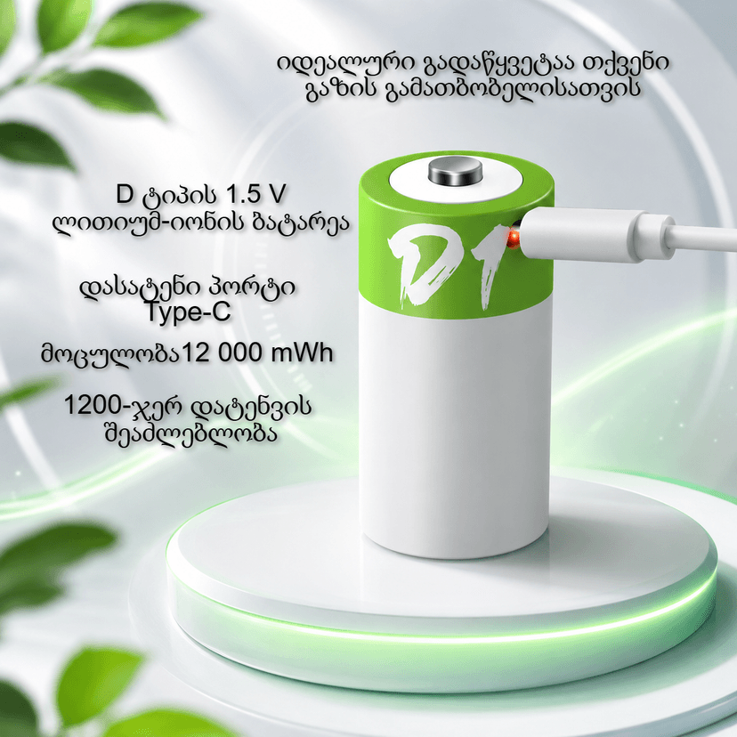 D (LR20) ტიპის 1,5V ლითიუმ-იონის, ბრავალჯერადი დამუხტვის ბატარეა